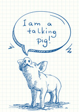 Talking Pig Sniffs Speech Bubble, Blue Pen Sketch On Square Grid Notebook Page, Hand Drawn Vector Illustration