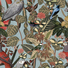 Wallpaper Vintage Jungle  Pattern With Parrot Birds And Sparrows And Tropical Forest Plants On Light Blue Background