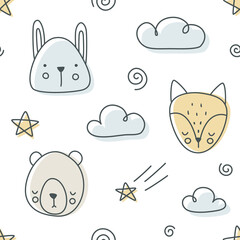 Wall Mural - stroke outline doodle cloud sky and animal head pattern. seamless texture for textile, fabric, appar