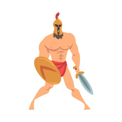 Canvas Print - Spartan Man in Helmet Armed with Sword and Shield Attacking Vector Illustration