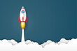 © Yellow duck - rockets launch into the night sky with stars and clouds on background. copy space for text input. business creative startup concept. vector illustration in flat style modern design.
