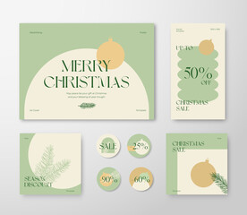 Wall Mural - Christmas Advertising Trendy Editable Templates Set. Pine Branch, Bauble, Typography for Social Networks Stories Highlights and Posts Backgrounds. Boho Social Media Holiday Greeting Cards or Banners