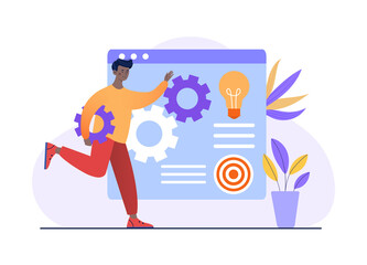 Poster - Concept of innovate solution. Man carries gear in his hands. Graphic elements for website. Mobile application development. Character realizes his idea, page. Cartoon flat vector illustration