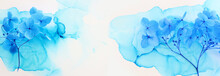 Creative Image Of Blue Hydrangea Flowers On Artistic Ink Background. Top View With Copy Space