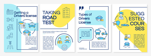 Wall Mural - Driving school yellow and blue brochure template. Drivers education. Flyer, booklet, leaflet print, cover design with linear icons. Vector layouts for presentation, annual reports, advertisement pages