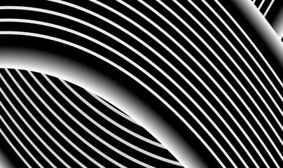 Poster - Aspiring twist and intertwine with each other volume monochrome striped lines on black background. Intertwined elegant black and white curve background. Optical illusion. Vector illustration EPS10