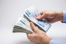 Man Counting Turkish Money With His Hand. Turkish Lira Banknotes.