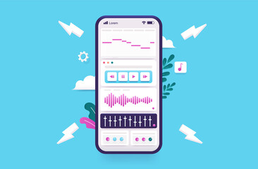 Poster - Music creation on smartphone - Mobile phone with audio production app and blue background. Vector illustration.