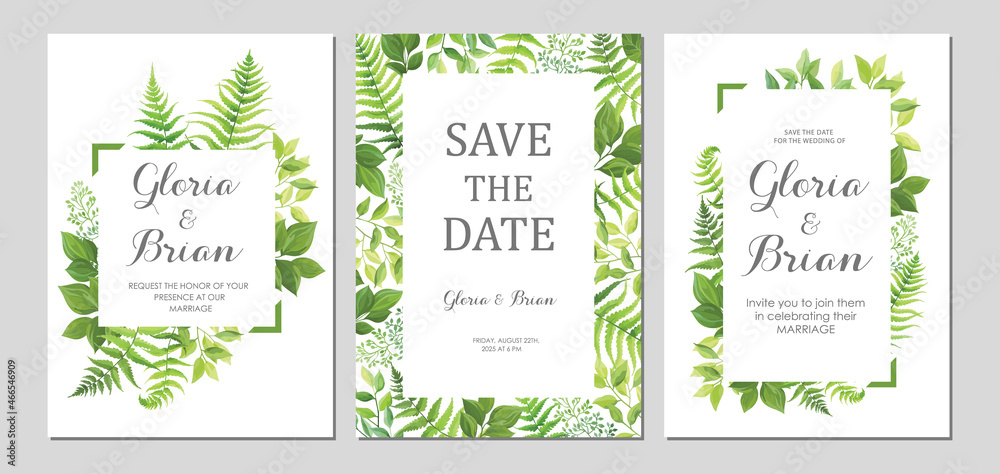 Wedding invitation with green leaves border. Invite card with place for ...