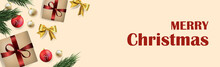 Christmas Panoramic Web Banner Happy New Year Greetings, Gift Boxes And Gold Tinsel. Posters, Postcards, Headers, Website, Social Networks