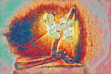 Fototapete - lamp with balls on woden stand and indian flute.