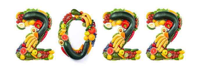 Wall Mural - New Year 2022 made of vegetables and fruits on white background. Number 2022 made of healthy food. 2022 resolutions, trends, clean eating, healthy food concept