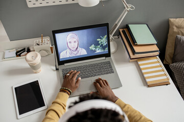 Aufkleber - Young confident teacher on laptop screen looking at African student during communication at online lesson
