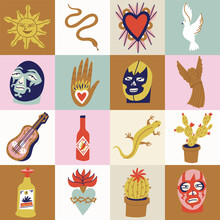 Vector Illustration Set Of Mexican Culture Symbols With Traditional Objects Catholic Religion Symbolic.