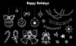 Christmas bells, lollipop stick, holiday garlands, Christmas balls toys, snowflakes. Hand drawn sketch. Vector illustration.
