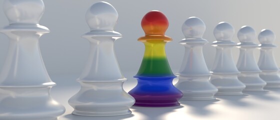 Poster - LGBT Gay Pride. Rainbow colors Chess pawn and white pieces, inclusion concept. 3d illustration