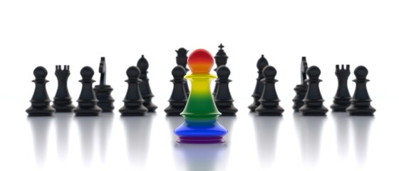 Poster - Rainbow colors Chess pawn ahead black chess set. LGBT Gay Pride. 3d illustration