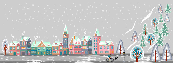 Winter cityscape with  houses, a clock tower, trees, a cyclist with a dog, a lantern and snow. Background  with place for text.Vector Christmas street village city. Isolated flat cartoon illustration.