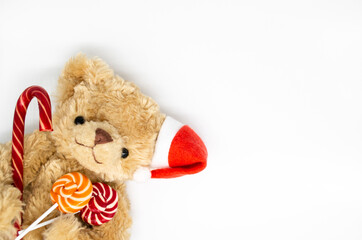 A stuffed toy Teddy bear in a red Santa Claus hat on one ear, holding candy cane and two striped lollipops in its paws. White background, copy space. Concept of Christmas