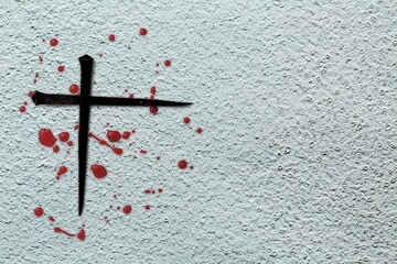 Canvas Print - Christian cross made with rusty nails, drops of blood. Jesus Christ Crucifixion.