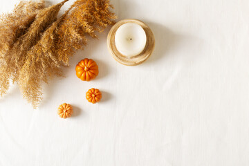 Wall Mural - Autumn fla lay with dried pampas grass and pumpkins candle