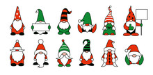 Garden Gnomes Or Dwarfs Cartoon Isolated Illustrations. Gnome Holding Empty Banner, Sheet Of Paper In Hands. Boy And Girl Gnome. Vector Magic Christmas Characters In Red Green Black And White Colors