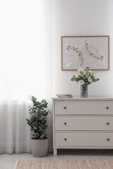 Poster - Chest of drawers and potted eucalyptus plant near window in room