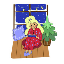 Vector Image Of Christmas Festive Fir-tree Drawn By Hand On A White Background. Young Girl In Pajamas On A Winter Evening Writes A Letter To Santa Claus