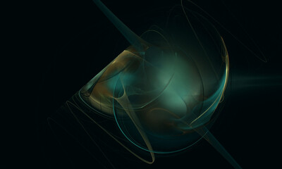 Wall Mural - Golden green fluid smoke rotates on speed in deep dark space creating haze and train behind. Abstract digital sci fi 3d artwork. Great as background, cover, wrapping print for electronic devices. 