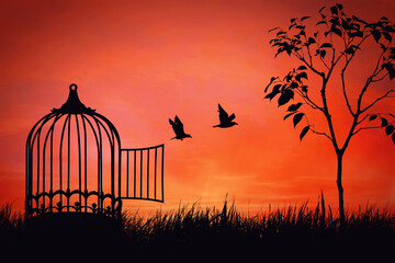 Conceptual scene with birds couple break free from a cage. Freedom and togetherness concept. Birdie released to nature over sunset background. Magical escape, overcoming obstacles together as a team