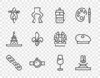 © vector_v - Set line French baguette bread, Fountain, press, Wrist watch, Scooter, Fleur De Lys, Wine glass and beret icon. Vector