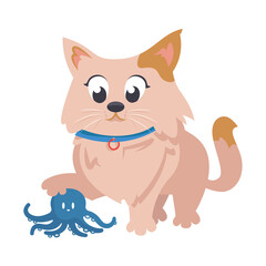  Domestic cat playing with toy octopus. Pet in cartoon style