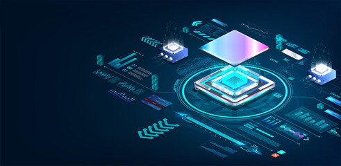 Poster - CPU microchip isometric banner. Hi-tech processor microchip with AI. Quantum chip for big data process. Isometric CPU on components installed on motherboard. Microchip and microprocessor. Vector