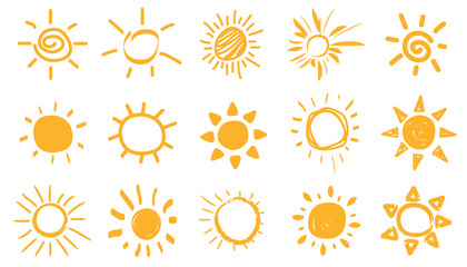 Poster - Set of sun icons. Hand drawn sun collection. Summer, sunlight, nature, light rays, sky. Yellow rays or burst of sun for use in as logo or weather icon. Vector illustration, flat design