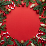 Fototapeta Konie - Christmas frame on red background