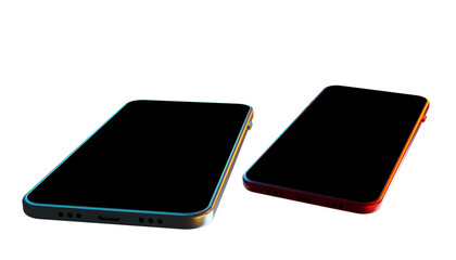 Poster - Realistic two smartphone mockup. red and gold smartphone screen at the top. Device UI / UX mockup for presentation or template. Cellphone with black display. Phone different angles views. 3d image
