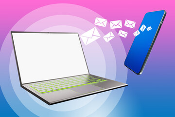 Aufkleber - Synchronization of gadgets. Laptop next to smartphone. Synchronization of laptop and smartphone. Envelopes fly to computer. Mockup notepad and cellphone. Synchronization abstract. 3d image.