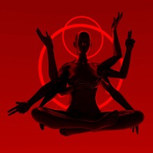 Chthonic Goddess In A Lotus Pose With Many Hands And Neon Red Aureole. 3D Illustration.