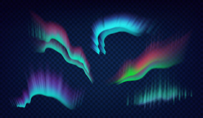 Wall Mural - aurora borealis polar lights set. glowing in sky different shapes and color northern lights