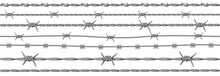 Steel Barbwire Set, Wire With Barbs. Realistic Seamless Metal Chain For Prison Fence, Security Line