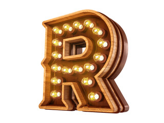 Canvas Print - Letter R with realistic light bulbs and wood isolated on white background. 3D illustration