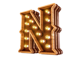 Wall Mural - Letter N with realistic light bulbs and wood isolated on white background. 3D illustration