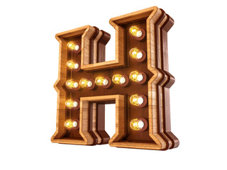 Wall Mural - Letter H with realistic light bulbs and wood isolated on white background. 3D illustration