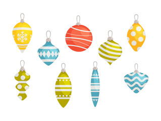 Wall Mural - Set of Christmas Tree Decoration Baubles and Colorful Icicles, Cute Festive Glass Toys Isolated on White Background.