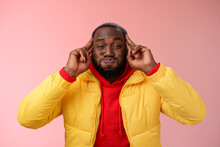 Mind Blowing Information. Portrait Playful Charismatic Carefree African Bearded Young 25s Man Pouting Hold Breath Childish Having Fun Acting Immature Make Funny Grimace, Standing Pink Background