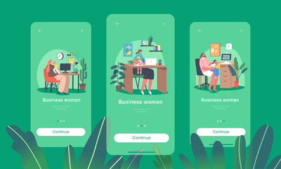 Wall Mural - Business Woman Mobile App Page Onboard Screen Template. Mom Work from Home with Little Child at Workplace