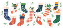 Set Of Colorful Christmas Socks Isolated On White Background. Winter Collection Of Stockings With Sweets, Xmas Element