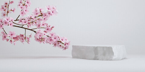 Wall Mural - japanese style cosmetic background. stone podium and cherry blossom white background for product pre