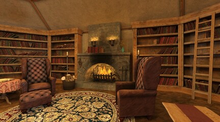 Wall Mural - Old library vintage interior 3d illustration