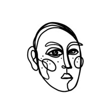 Woman Face Continuous Line Drawing. Expressions Art In Picasso Style. Abstract Minimal Woman Portrait. Logo, Icon, Label.